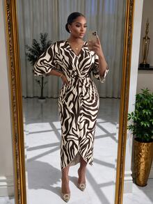 SHEIN Lady CURVE Plus Size Women's Zebra Print V-Neck 3/4 Sleeve Knot Design Elegant Dress Fall - Multicolor - View 3