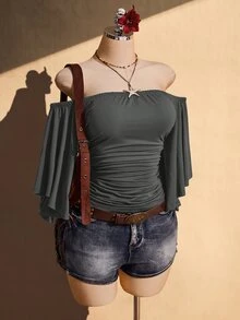 SHEIN ICON 女款大尺碼露肩純色抓皺腰部上衣 - 灰色 - 查看 4