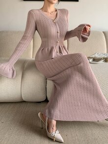 DAZY Women's Elegant Ruffle Cardigan & Knitted Skirt 2 Pieces Set, Autumn/Winter - Khaki - View 3