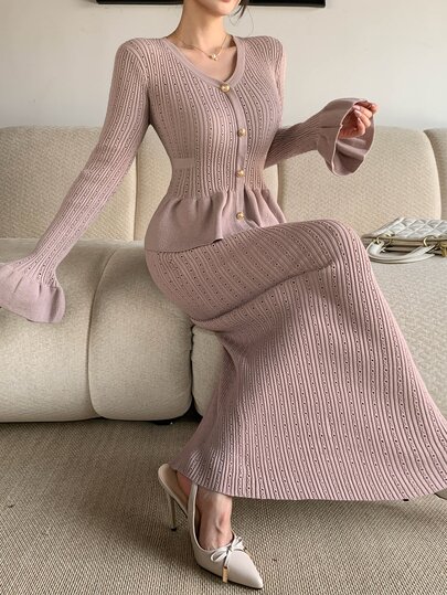 DAZY Women's Elegant Ruffle Cardigan & Knitted Skirt 2 Pieces Set, Autumn/Winter