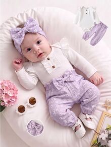 SHEIN Vintaside Kids 2件組女嬰連身衣+長褲，甜美優雅白色紫色羅紋花卉提花蝴蝶結設計，荷葉袖長袖圓領，生日派對秋季穿搭 - 紫色 - 查看 1