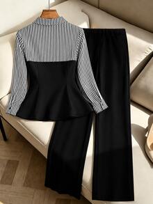 GlowEve CURVE Plus Size Women's New Striped Patchwork Lapel Metal Button Long Sleeve Shirt And Trousers 2-Piece Set, Minimalist Elegant Versatile Office Outfit, Spring/Autumn - Black - View 2