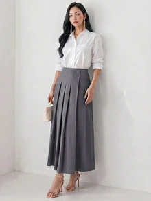 Heiryn Women's Solid Color Pleated Skirt, Preppy Style - Dark Grey - View 10