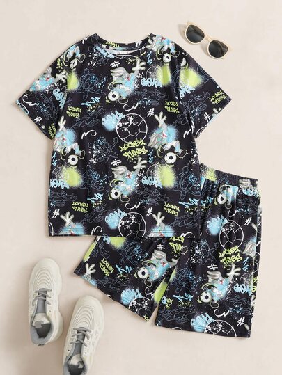 LOONEY TUNES X SHEIN طقم تي شيرت وشورت مطبوع برسومات كرتونية للأولاد المراهقين