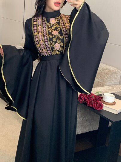 Celisse Vestido largo elegante para mujer con cuello alto, patchwork bordado, vuelo extra grande, mangas largas y cintura ceñida