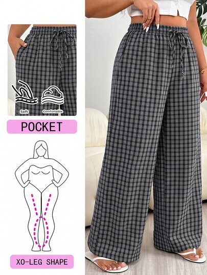 Solflare Plus Size Women's Plaid Casual 90s 80s Versatile Everyday Travel Long Pants Formal Office Vacation Black And White Summer