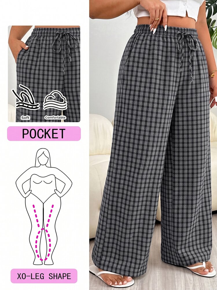 Solflare Plus Size Women's Plaid Casual 90s 80s Versatile Everyday Travel Long Pants Formal Office Vacation Black And White Summer - Multicolor - View 1