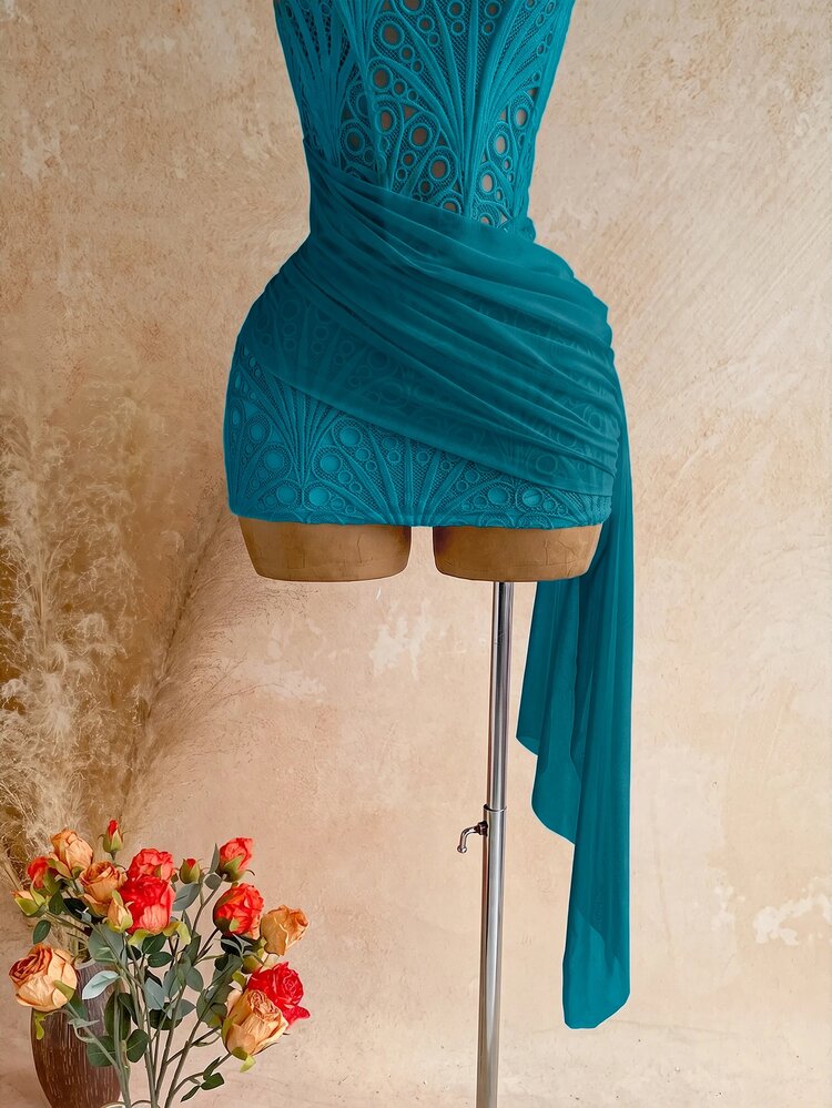 Soleia Women's Sexy Vacation Strapless Lace Textured Draped Mesh Ruched Bustier Mini Dress, Beach, Cruise, Road Trip, City Vacation, Date, Afternoon Tea, Bohemian, Seaside, Island Vacation, Summer, Music Festival, Daily Commute, Wedding Season, Party, Carnival - Teal Blue - View 6
