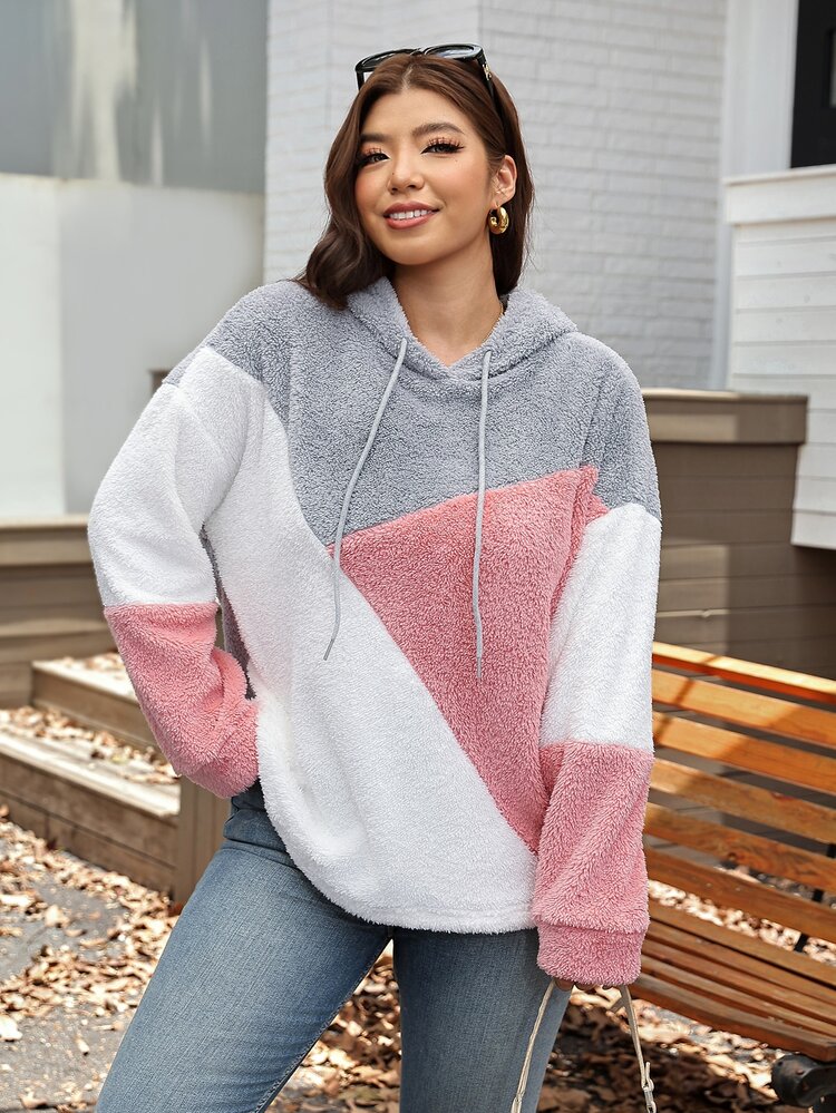 Easowa Curve Plus Size Casual Colorblock Patchwork Hooded Sweatshirt, Autumn/Winter - Multicolor - View 3