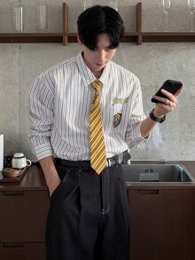 DAZY 男士字母印花條紋時尚長袖襯衫 - 黃色 - 查看 1