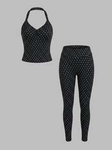 Sweetra Set Olahraga Yoga Tanpa Jahitan Wanita Motif Polkadot Hitam Putih - Hitam dan Putih - View 2