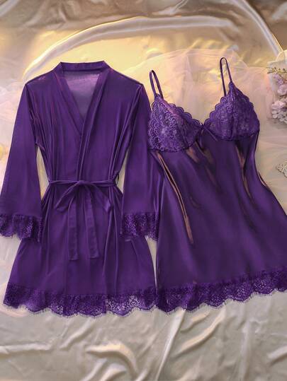 Elorette Plus Size Women Solid Color Long Robe And Camisole Dress Sexy Loungewear Sleepwear Set