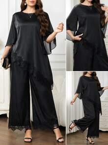 Reflora Plus Size Women Lace Patchwork Top And Pants Casual Daily 2 Pieces Set - Black - View 7