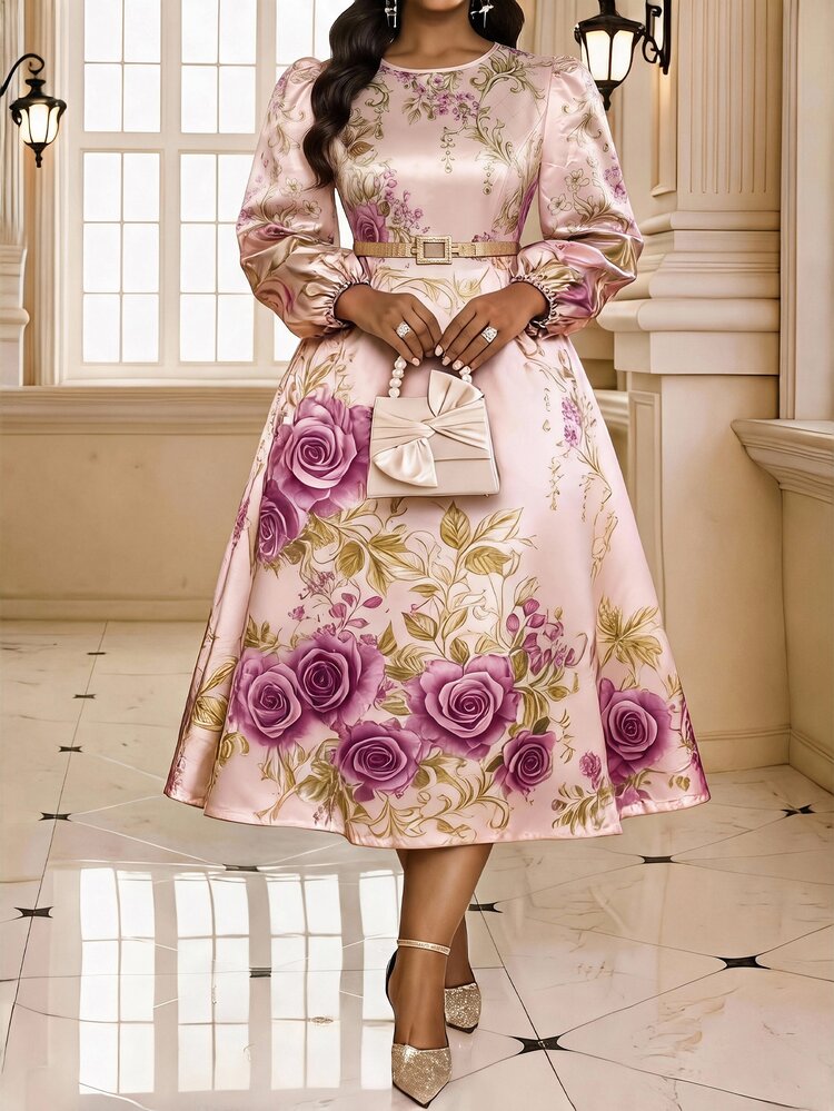 Fleurora Plus Size Women's Floral Print Round Neck Lantern Sleeve Elegant Dress - Multicolor - View 3