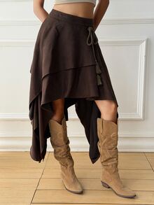 Livesso Women's Solid Color Casual Boho Western Versatile Daily Skirt Autumn Work Everyday Dark Brown - Coffee Brown - View 3
