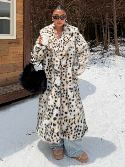 Muchica Women's Leopard Print Faux Fur Coat, Mid-Length Slimming, Fashionable & Sexy, Large Lapel, Autumn/Winter Fashion Item, Fleece Lined & Thickened Faux Fur Suitable For Autumn/Winter Skiing, Deep Winter, Halloween, Party, Christmas, New Year, Thanksgiving, Party, Wedding, Graduation Ceremony, Elegant Occasions, Outing, Dating, Commuting, Cold-Proof, Skiing