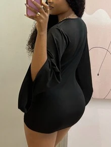 StreetHx Deep V-Neck Bell Sleeve Sexy Bodycon Dress Halloween Club Going Out Night Out Black Autumn - Black - View 2