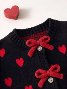 SHEIN Playful Pals 女童秋冬加厚時尚蝴蝶結可愛簡約針織長袖開襟毛衣 - 黑色 - 查看 6