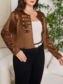 SHEIN Clasi 大尺碼女款純色長袖前開鈕扣外套 - 咖啡棕 - 查看 7