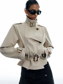 LYSMO Women's Solid Color Stand Collar Button Design Casual Versatile Long Sleeve Jacket - Apricot - View 1