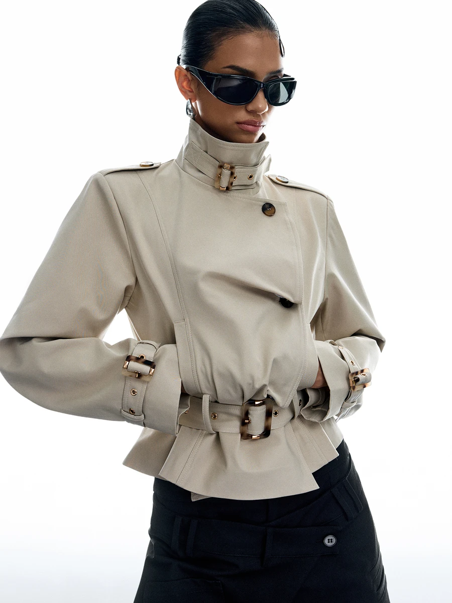 LYSMO Women's Solid Color Stand Collar Button Design Casual Versatile Long Sleeve Jacket - Apricot - View 1