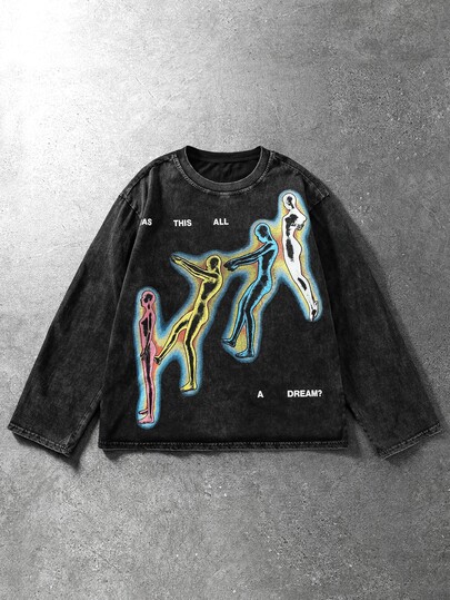T-shirt à manches longues col rond avec imprimé graphique de personnage pour hommes