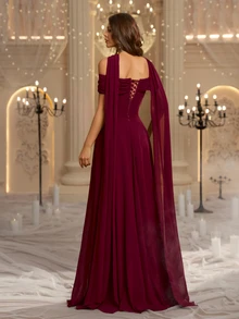 Glamrae Elegant Luxurious Beaded Diamond Sexy Off Shoulder A-Line Chiffon Ruched Dress With Halter Neck, Suitable For Wedding, Party, Bachelor Party, Vacation, Ball, Evening Gala - Burgundy - View 3
