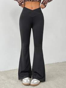 SHEIN PETITE 簡約純色包腰高腰喇叭褲 - 深灰色 - 查看 7