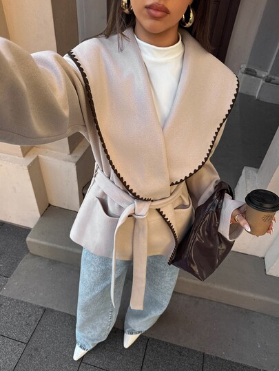 Aloruh Women's Autumn/Winter Overcoat With Contrast Color Trim, Embroidered Waist Belt, Cinched Waist, Long Warm Design, Minimalist Casual Commute Light Khaki Jacket