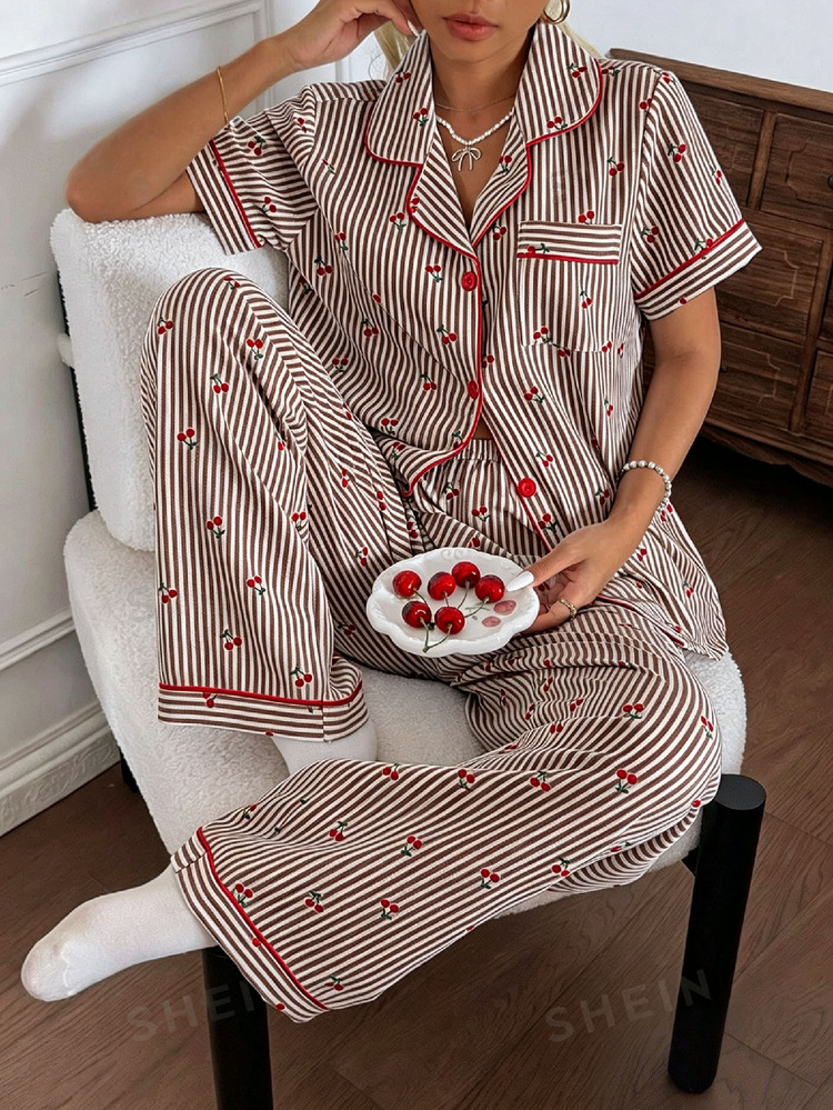 CottageSlumber Bubble Crinkle Sweet Striped Cherry Print Open Front Lapel Women's Pajama Set - Coffee Brown - View 1