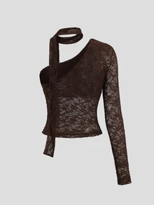 Sweetra Y2K Sexy Lace One-Shoulder Elegant Versatile Street Style Preppy Top - Coffee Brown - View 2