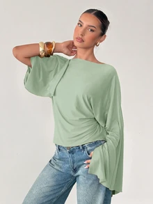 Siren Gaze Women's Solid Color Pleated Casual Versatile Daily T-Shirt - Mint Green - View 3