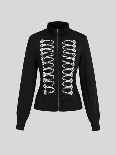 Sweetra Women's Thin Napoleon Double-Breasted Printed Zipper Sweatshirt, Casual Daily Wear, Minimalist Comfortable Style