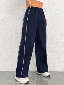 SHEIN PETITE 女款彈性腰寬鬆直筒休閒長褲，側面對比色設計 - 藏蓝色 - 查看 5