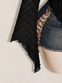 SHEIN ICON Y2K 棕色秋季不對稱下擺喇叭袖復古植絨網紗透視前開襟女款上衣 - 黑色 - 查看 7