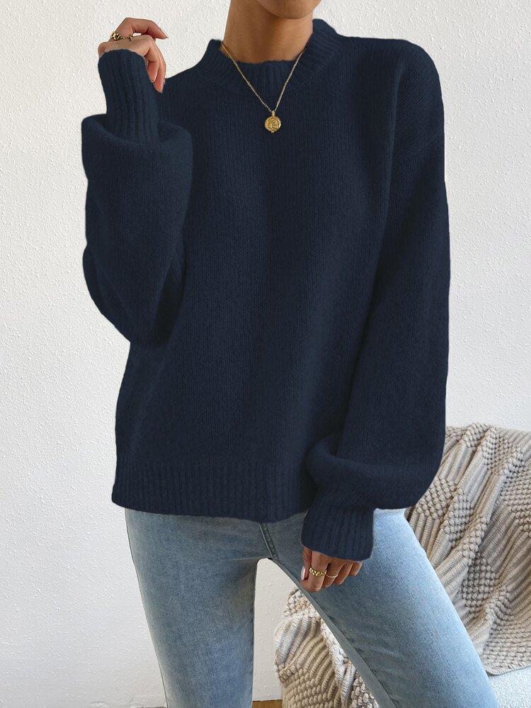 SHEIN Women's Minimalist Elegant Navy Blue Round Neck Knit Lantern Sleeve Pullover, Suitable For Daily Shopping, Casual, Vacation, Travel, Dating - Navy Blue - View 5