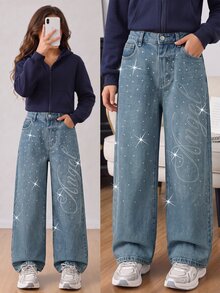 SHEIN Girls' Y2K Washed Distressed Rhinestone Letter Wide Leg Jeans, Tween GirlsElastic Waist Loose Straight Leg Long Pants, All-Over Shiny Rhinestone Decor Vintage Casual Versatile Daily Streetwear Blue Denim - Blue - View 1
