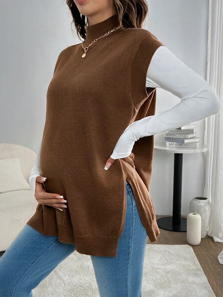SHEIN Maternity Solid Color Casual Versatile Daily Wear Knit Top Solid Color Side Split Design Daily Casual Loose Joker Round Neck Pullover Sweater Vest - Brown - View 3