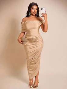 Brilight Off Shoulder Ruched Midi Bodycon Dress, Draped Asymmetrical Cocktail Dress For Party Wedding Guest F - Khaki - View 5