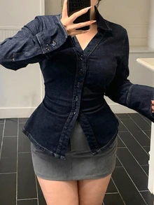 Dazy Plus Atasan Denim Lengan Panjang Berkerah dengan Pinggang Elastis dan Belahan di Bagian Bawah, Gaya Kasual Urban Elegan, Cocok untuk Musim Gugur, Pergi ke Klub Malam - Dark Wash - View 3