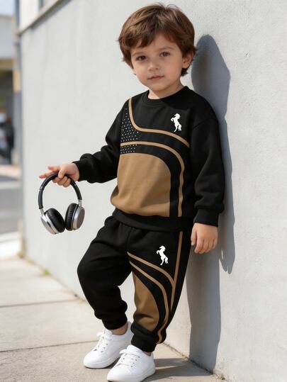 2pcs Toddler Knight Small Logo Print Wavy Colorblock Striped Fleece Crew Neck Sweatshirt & Sweatpants Set, Khaki Colorblock Striped Casual Fashion Classic Print Fleece Crew Neck Sweatshirt & Sweatpants Set, Sports Outdoor Casual, Korean Style, Suitable For Autumn/Winter