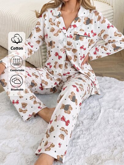 SHEIN Women Teddy Bear And Bow Print Button Front Long Sleeve Top And Straight Leg Pants 2 Pieces Casual Pajama Set