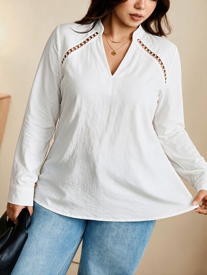 Edennvi Plus Size Women's V-Neck Ruffle Patchwork Shoulder Long Sleeve Top, Elegant Women's Blouse, Suitable For Commuting, Office, Vacation, Travel, Party, Wedding, Beach And Other Occasions