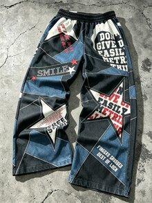 IslaSuriya 男士彈性腰運動長褲，字母與星星牛仔效果印花，復古街頭風，適合日常、校園與休閒穿著 - 彩色 - 查看 2