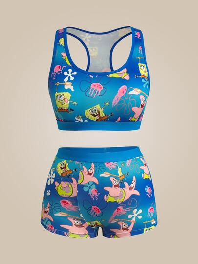 SpongeBob SquarePants | SHEIN Set di biancheria intima con canotta e pantaloncini con stampa cartoni animati taglie forti