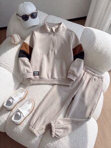 SHEIN Playful Pals 幼兒男童休閒拉鍊極簡風日常米色拼接抓絨長版連帽衛衣套裝，連帽上衣與運動長褲套裝 - 白色 - 查看 5
