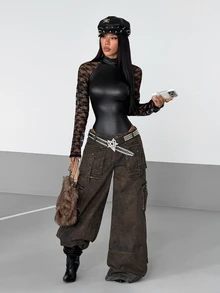 StreetHx Body sexy para mujer negro con encaje en contraste, manga larga, cuello alto, ajuste ceñido, estilo europeo & americano, moda callejera Y2K punk, para fiesta y piscina - Negro - Ver 5