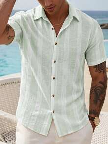 VENTUSAIL Men's Yellow Woven Striped Summer Lightweight Slim Fit Casual Vacation Short Sleeve Shirt - Mint Green - View 5