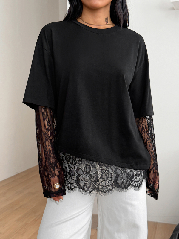 Coolane Women's Fall/Winter Streetwear Casual Y2k Daily Wear Vintage Elegant Cotton Contrast Lace Black Loose Long Sleeve T-Shirt