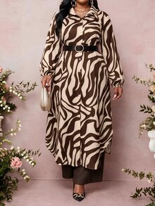 SHEIN Lady 大尺碼女款全印花上衣與長褲休閒日常兩件套 - 彩色 - 查看 5